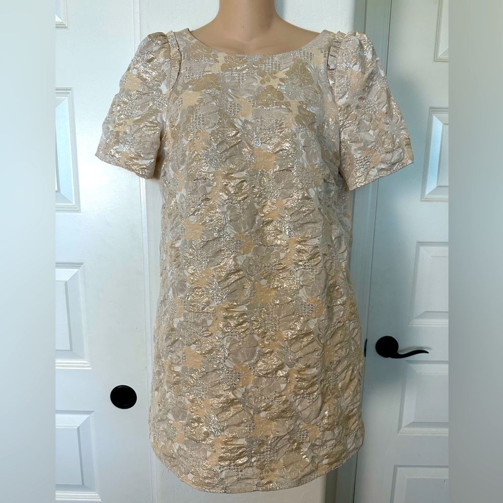 Sezane Cream, White and Silver metallic brocade mini dress. FR 34